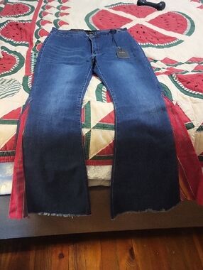 L&B Dark Blue Denim Wide-Leg Jeans with Red Side Panels